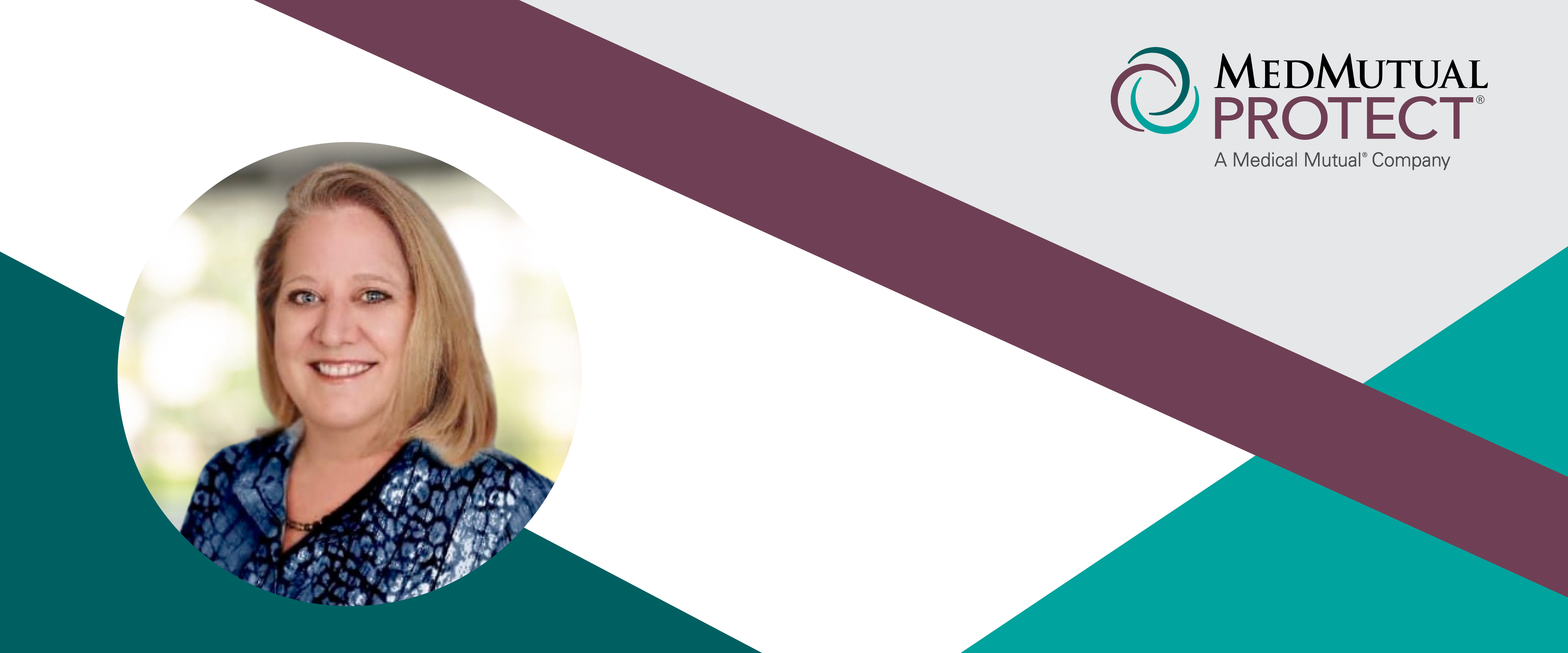 Headshot of MedMutual Protect sales agent, Wendy Beatty with a graphic that includes the MedMutual Protect logo.