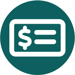 Teal icon of a paper check and a dollar sign.