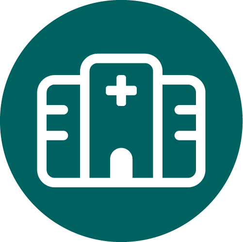 Teal icon of a hospital.