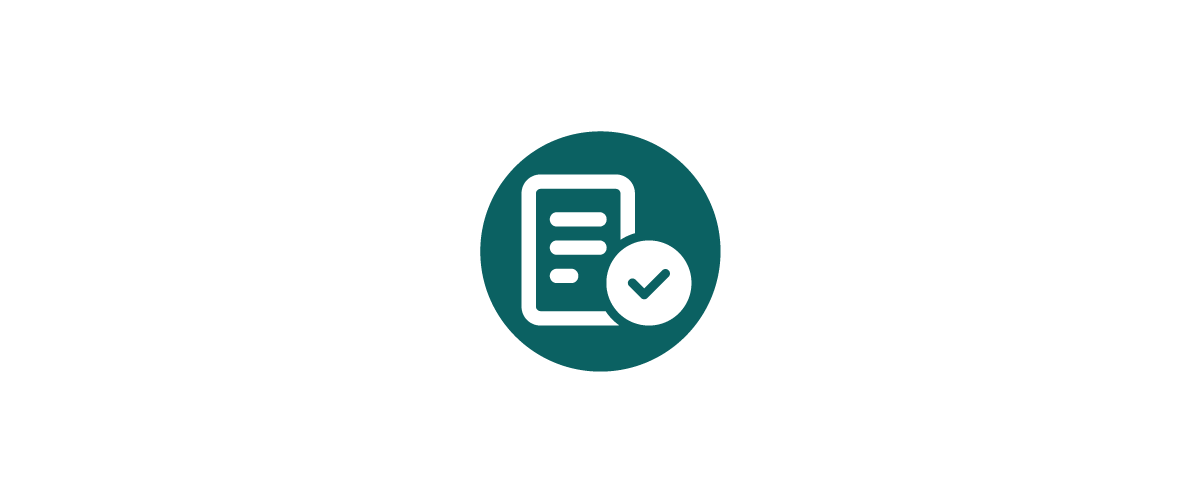 Teal icon of a clipboard and a checkmark.