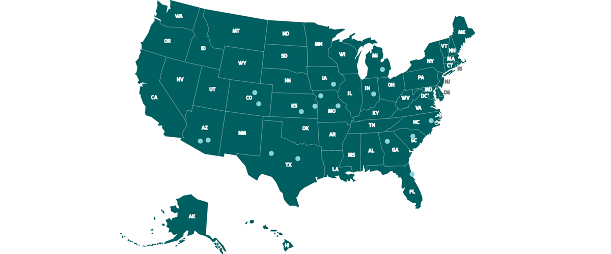 United States map graphic with individual state outlines and multiple location markers across the country, representing nationwide presence and broad service coverage. 