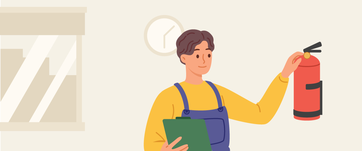 Illustration of a person indoors holding a fire extinguisher and a checklist near a window, representing home fire safety inspection and emergency preparedness. The scene highlights fire prevention, safety equipment use, and routine safety checks in a residential setting. Provide your feedback on BizChat