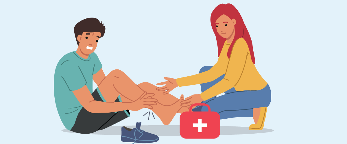 Illustration of a first aid scenario where one person kneels beside another person sitting on the ground with an injured ankle, applying care using a red first aid kit. The scene highlights emergency response, basic first aid treatment for sprains or injuries, and injury care in an outdoor or recreational setting.
