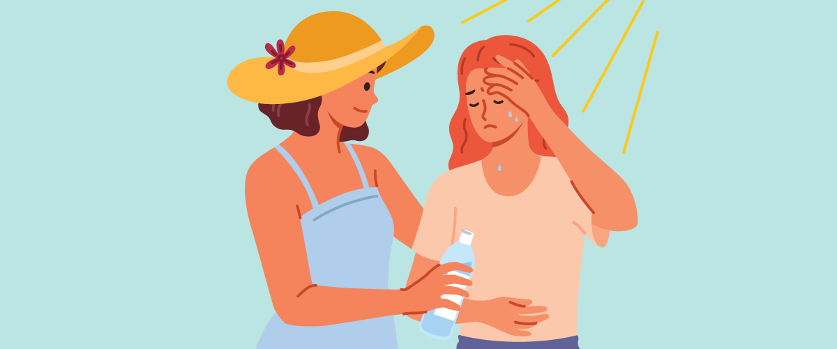 Illustration of two people standing outdoors under bright summer sun rays; one person supports another who appears overheated while holding a water bottle and touching the forehead. Scene depicts heat exhaustion, dehydration, and sun safety, highlighting summer health risks and first aid response in hot weather conditions.