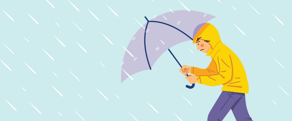 Illustration of a person walking through heavy rainfall while holding an umbrella and wearing a yellow rain jacket with hood. Strong diagonal rain lines indicate a stormy weather condition, highlighting rain safety, severe weather preparedness, and outdoor exposure in bad weather.