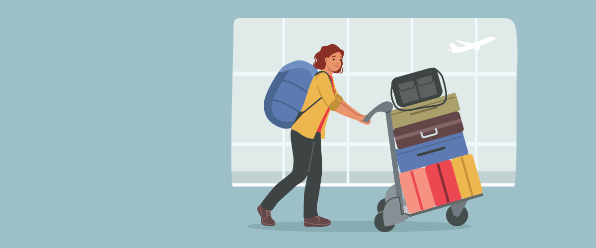 Illustration of a traveler pushing a luggage cart stacked with suitcases inside an airport terminal, with large windows and an airplane visible outside. The scene represents travel safety, airport navigation, and managing heavy baggage during summer travel or vacation journeys.